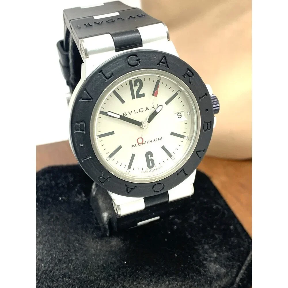 Bvlgari Men's Watch AL38A Aluminum Swiss Automatic Silver Dial Black Rubber 38mm
